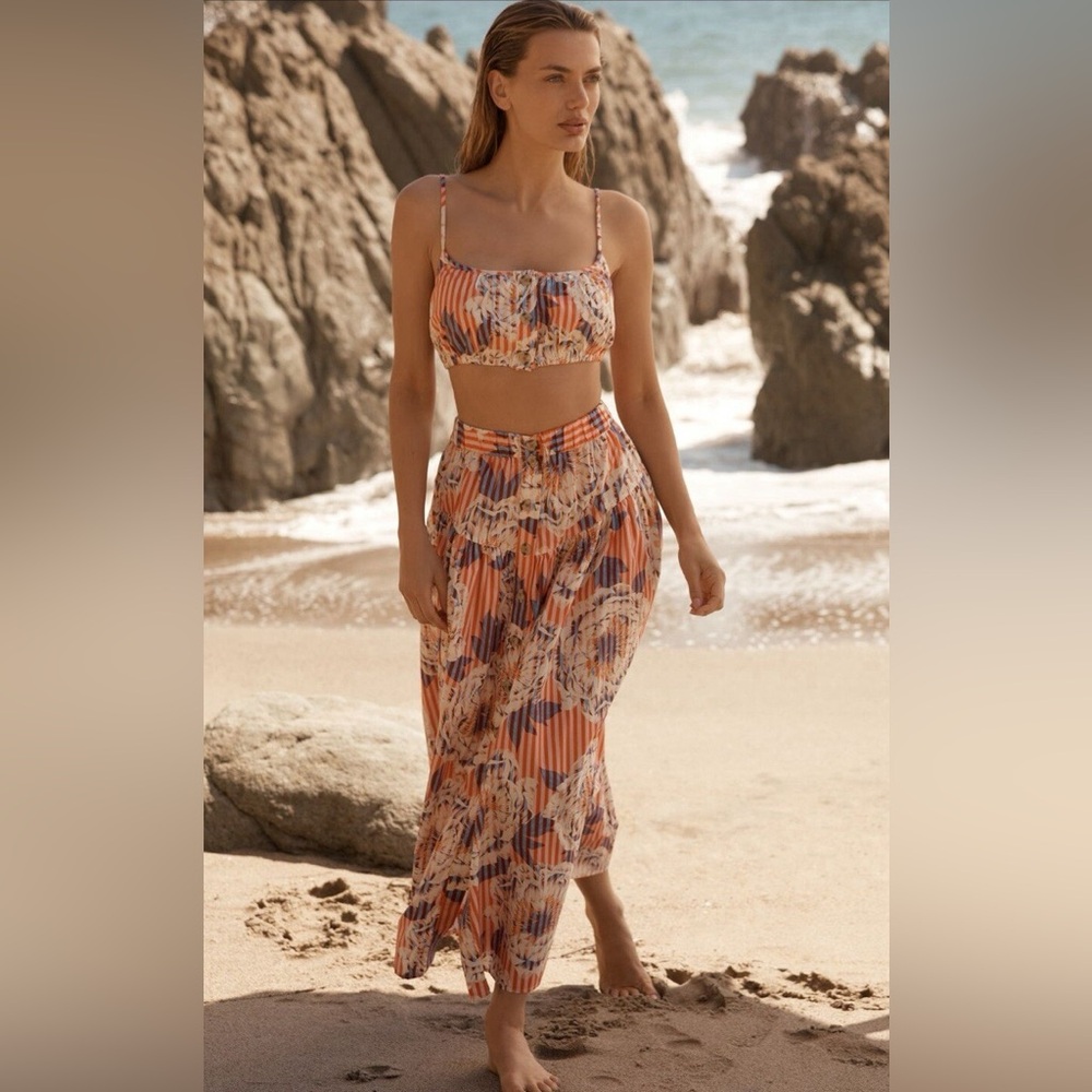 Anthropologie Orange Floral Pleated Crop Top & Maxi Set